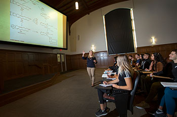 Photo of a professor in class. Links to Gift Intention Form